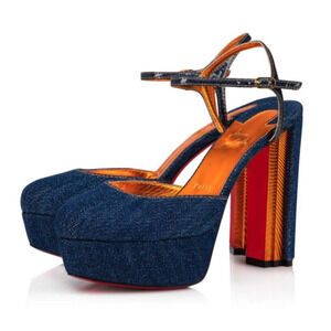 Christian Louboutin Coluna Pump 130 Denim Blue Gold Ankle Strap Platform Heel 41